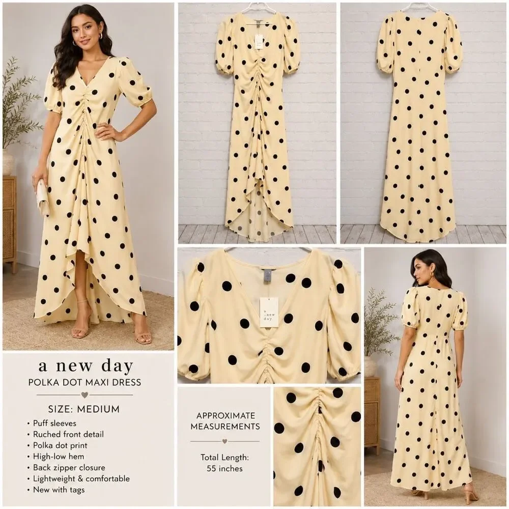 A New Day Polka Dot Maxi Dress Women’s Medium Ruched High Low Dress - Picture 1 of 3